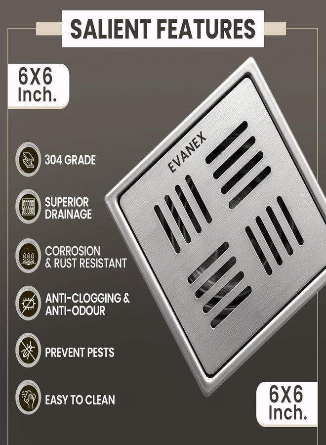 EVANEX EVANEX Floor Drainer for Bathroom | 6x6 Inch 304 Grade Stainless Steel Drain Jali | Shower Drainer for Bathroom | Waste Water Floor Drain | Drainer with Cockroach Trap | Drain Channel Jali - Image 4